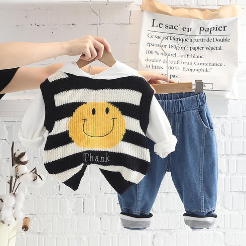 Striped smiley sweater vest children's knitted waistcoat children's casual hooded long sleeve sweater suit