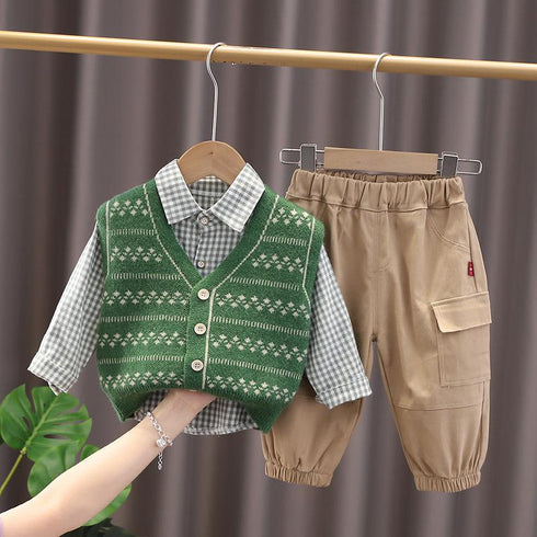 Boys spring and autumn sweater vest shirt three-piece set