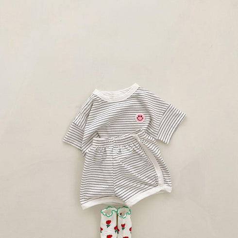 Striped Smiling Face Short Sleeved Shorts Set