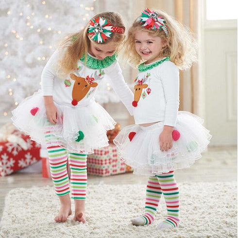 Girl's Christmas Elk-Print T-Shirt +Pants Skirt Suit