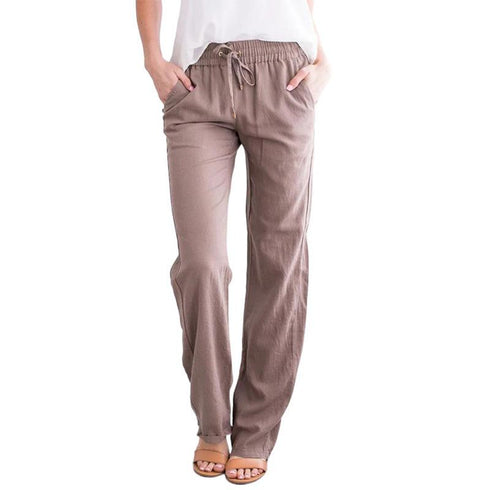 Solid cotton linen drawstring loose casual wide leg pants