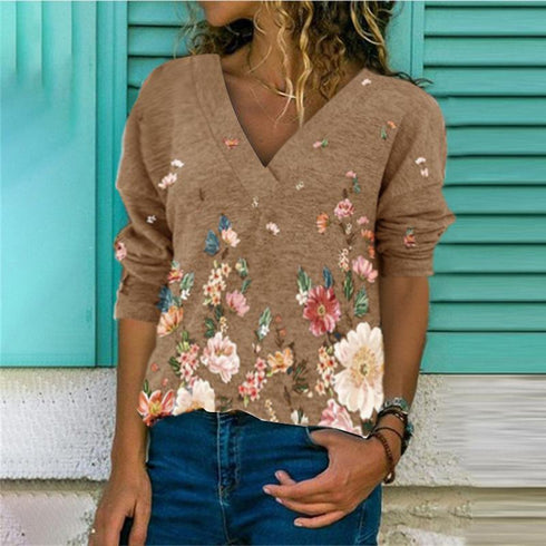 Fall/Winter Printed Loose V-Neck Long Sleeve Shirt