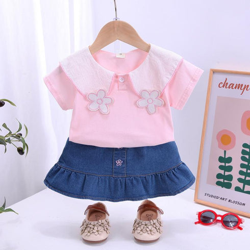 Flower Lapel Short Sleeve With Western Style Denim Skirt Two-piece Set
