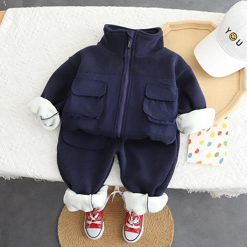 Autumn and winter boys plus velvet sports long sleeve suit two-piece set