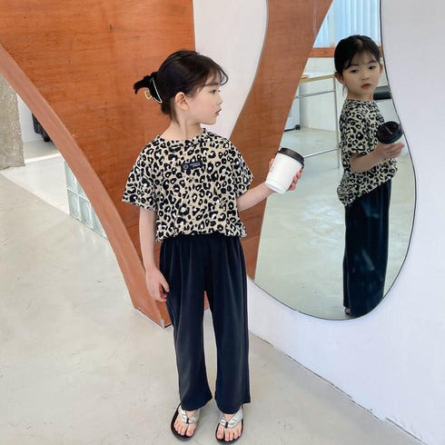 Girls Summer Leopard-Print Short-Sleeve Pants Set