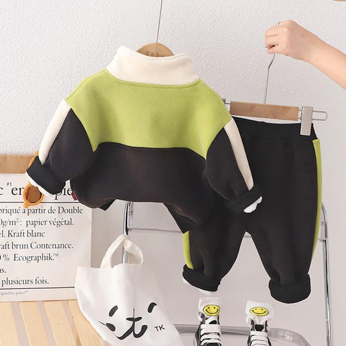 Autumn and winter boys plus velvet long sleeve suit two-piece set