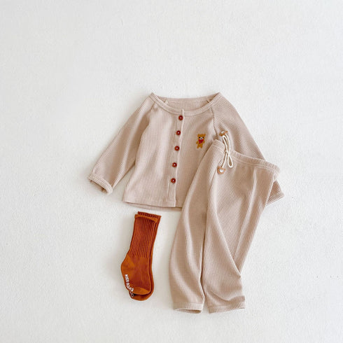Spring Autumn Bear Embroidered Cardigan Jacket Top and Pants Set