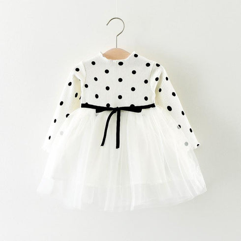 Autumn New Polka Dot Stitching Gauze Princess Dress Baby Girl Long Sleeve Dress