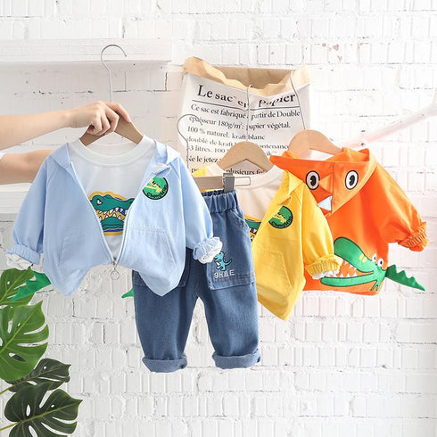 Spring and autumn boys casual hooded zipper shirt three-piece set