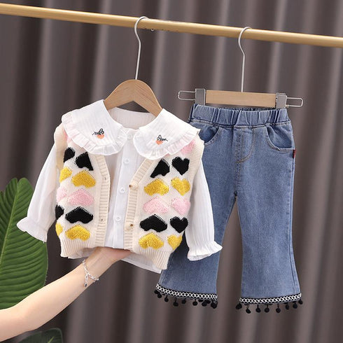Spring and Autumn Girls Knitted Sweater Cardigan Shirt Jeans Three-Piece Set