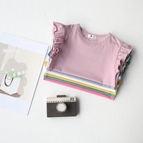 Ruffled Crewneck Feifei Short Sleeve T-Shirt Solid Color Top