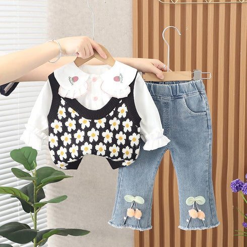Casual Sweater Vest Three Piece Set Baby Girl Lapel Shirt Long Sleeve Set