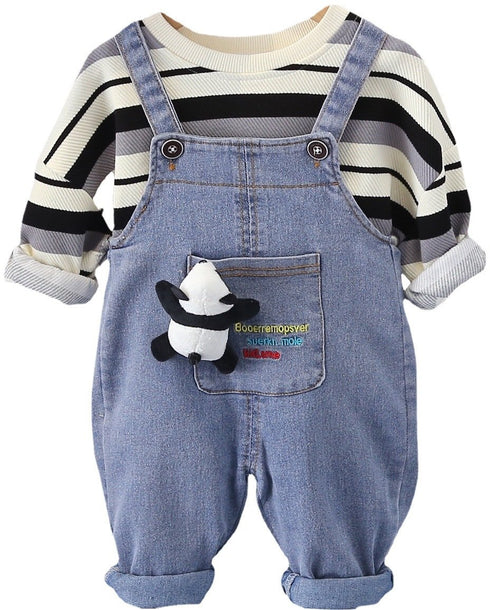 Children's Spring and Autumn Crewneck Dress Denim Straps Two-Piece Set