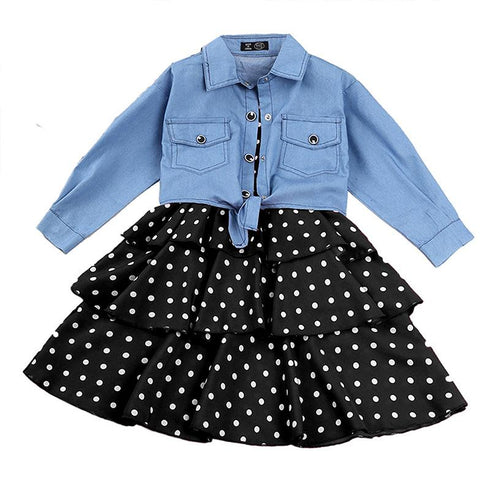 Girls Spring and Autumn Long Sleeve Denim Jacket Sling Skirt Two-Piece Set