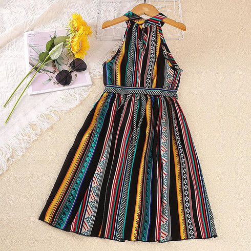Girls Summer Color Stripe Suspender Lace Up Dress