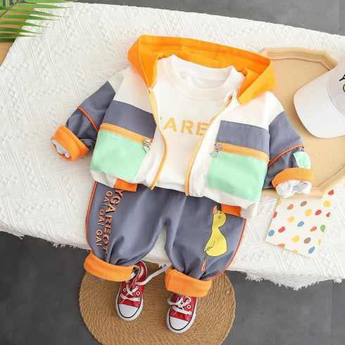 Sports Hooded Zipper Shirt Three Piece Set Male Baby Round Neck Sweater Long Sleeve Set