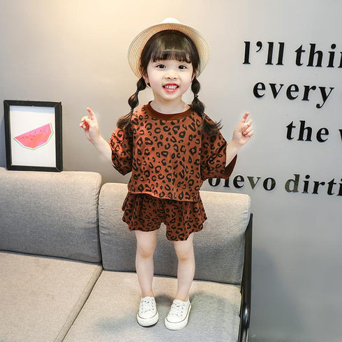 Girls Leopard Short Sleeve Shorts Two Piece Set