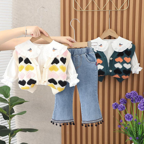 Love Sweater Vest Three Piece Set Baby Girl Lapel Shirt Long Sleeve Set