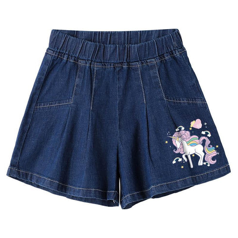 Girls Summer Pony Cartoon Denim Shorts