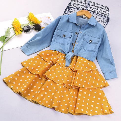 Girls Spring and Autumn Long Sleeve Denim Jacket Sling Skirt Two-Piece Set