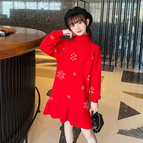 New Year's Christmas snowflake sweater dress padded knit skirt
