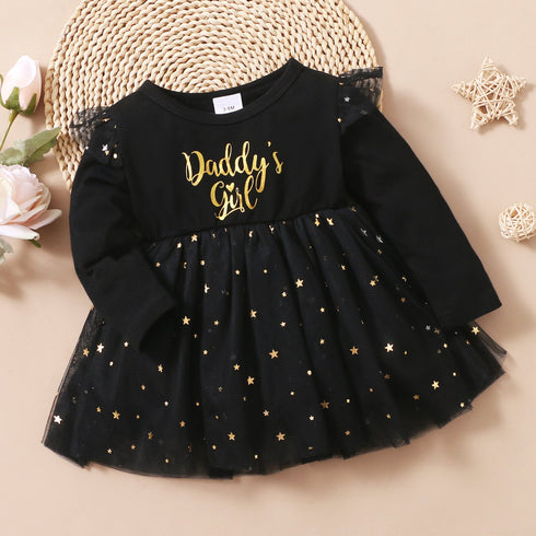 New Year's Christmas Long Sleeve Patchwork Star Mesh Dress