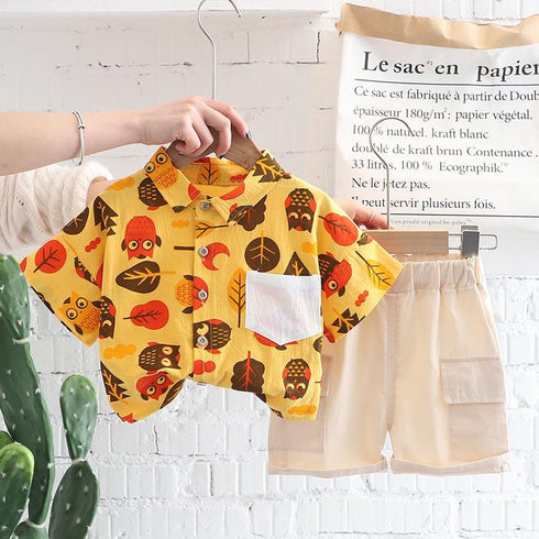 Cartoon Owl AOP Shirt Children's Summer Short Sleeve Two Piece Set