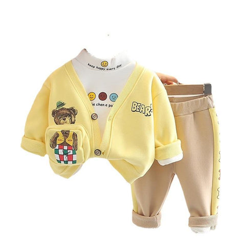 Autumn and winter boys plus velvet vests long sleeve three-piece set