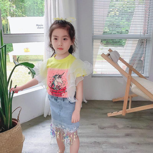 Girl's Summer Unicorn Top Tassel Denim Dress Set