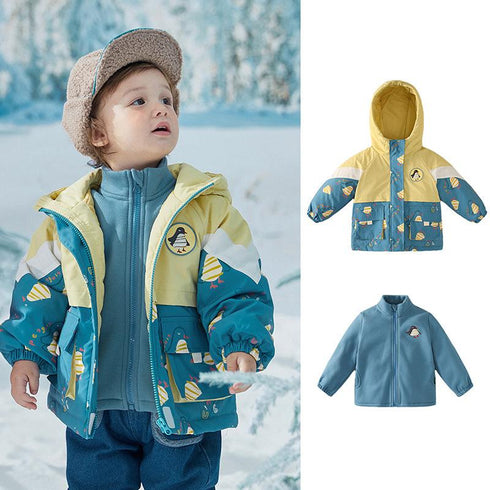 Children's Patchwork Contrast Three-in-One Windproof Clip Hooded Warm Coat