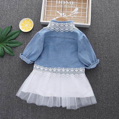Girls' Jeans Coat Long Sleeve Suit Round Neck Gauze Skirt Two-piece Set