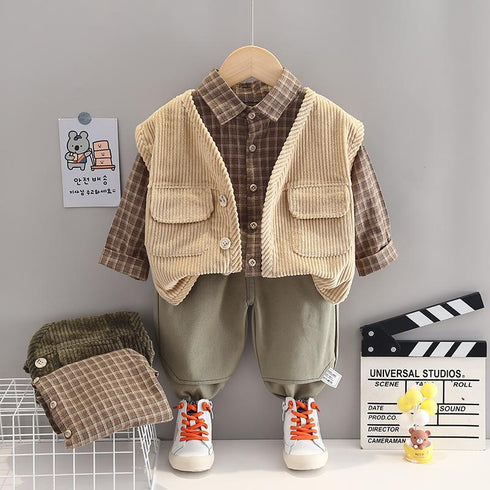 Spring and Autumn Boys Three-Piece Shirt Long Sleeve Set