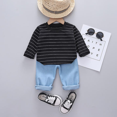 Spring and Autumn Boys Long Sleeve Shirt Two-Piece Set