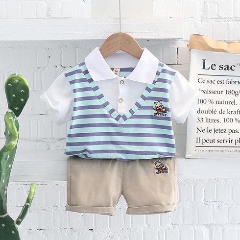 Lapel Stripe Fake Vest Short Sleeve Suit Casual Shorts Two Piece Set