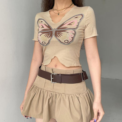 V-neck Butterfly Print T-shirt