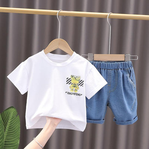 Cartoon Print T With Short Sleeved Denim Shorts Two Piece Set