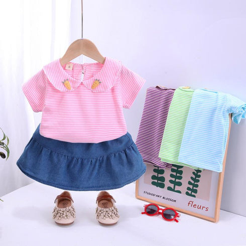 Striped Short Sleeved Denim Skirt Suit