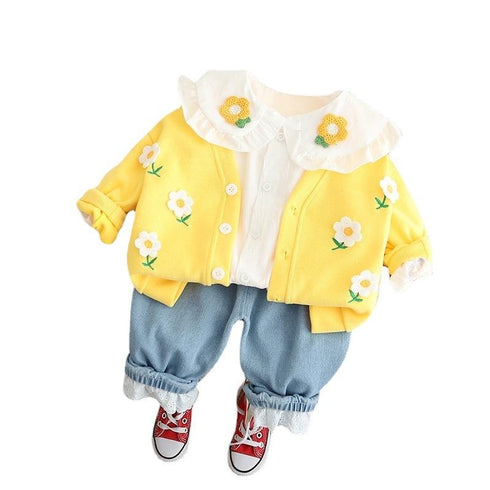 Spring and Autumn Girls Casual Cardigan Three-Piece Set