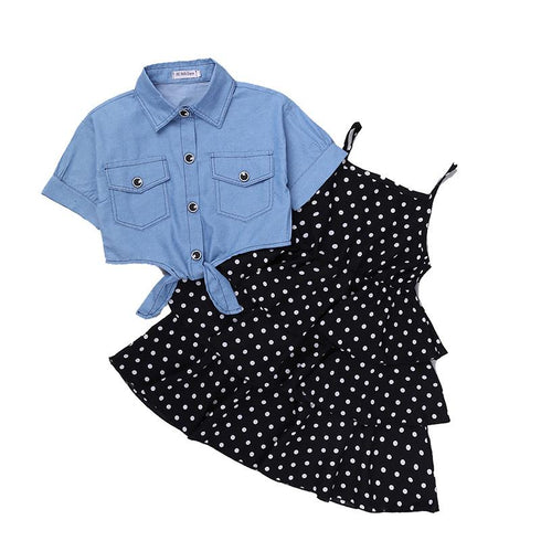 Girl's Short-Sleeve Denim Jacket Dot Skirt