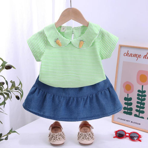 Striped Short Sleeved Denim Skirt Suit
