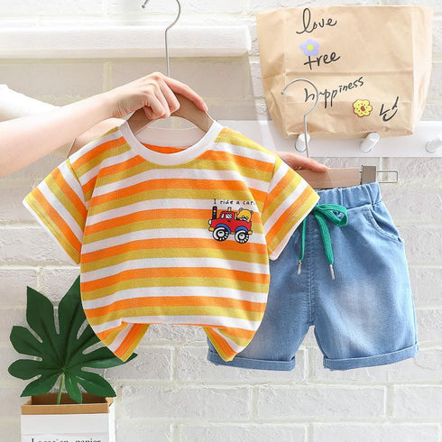 Striped Light T-shirt + Denim Shorts Two Piece Set