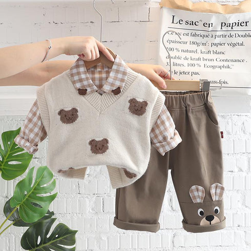 Bear Lapel Plaid Shirt Long Sleeve Suit Baby Boy Casual Sweater Vest Three Piece Set