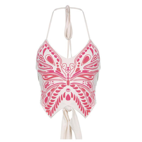 Butterfly Print Halter Tie Irregular Dovetail Backless Top