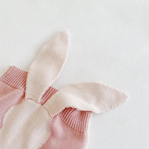 Rabbit ear color matching knitted wool jumpsuit with fart climbing suit
