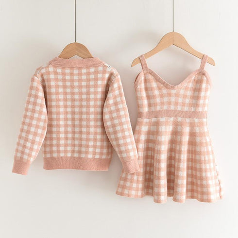 Girl's Knit Plaid Skirt Cardigan Set