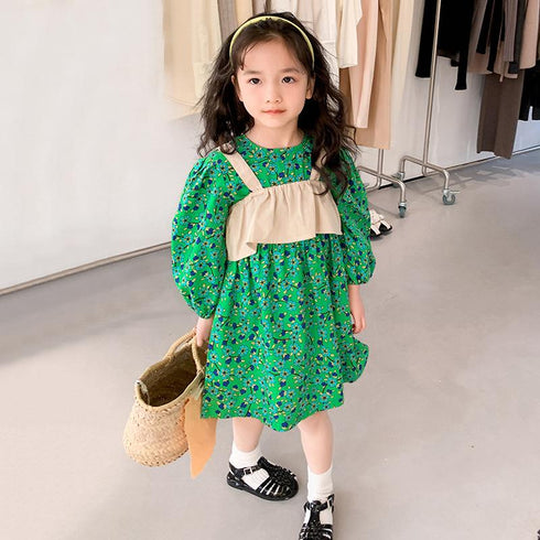 Spring And Autumn Girls Floral Vest Two-Piece Dress
