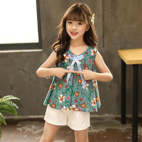 Girls Summer Broken Flower Bow Cotton Linen Vest Solid Color Shorts Two-piece Set