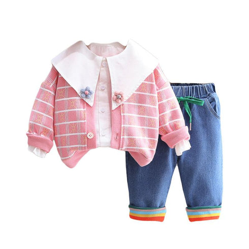 Girls Spring and Autumn Cardigan Jacket Jeans Three-Piece Set
