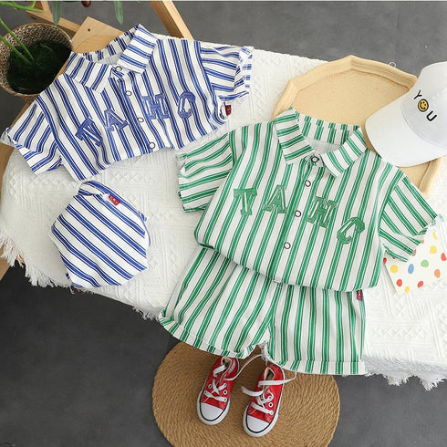 Lapel Shirt Vertical Bar Short Sleeve Suit Casual Shorts Two-piece Set