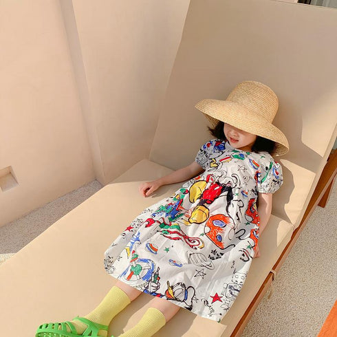 Girl's Summer Backless Graffiti Dress